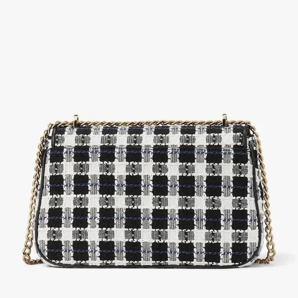 NWT Kate Spade Black, White, Blue Carey Checked Tweed Medium Shoulder Bag Chain - Picture 4 of 15